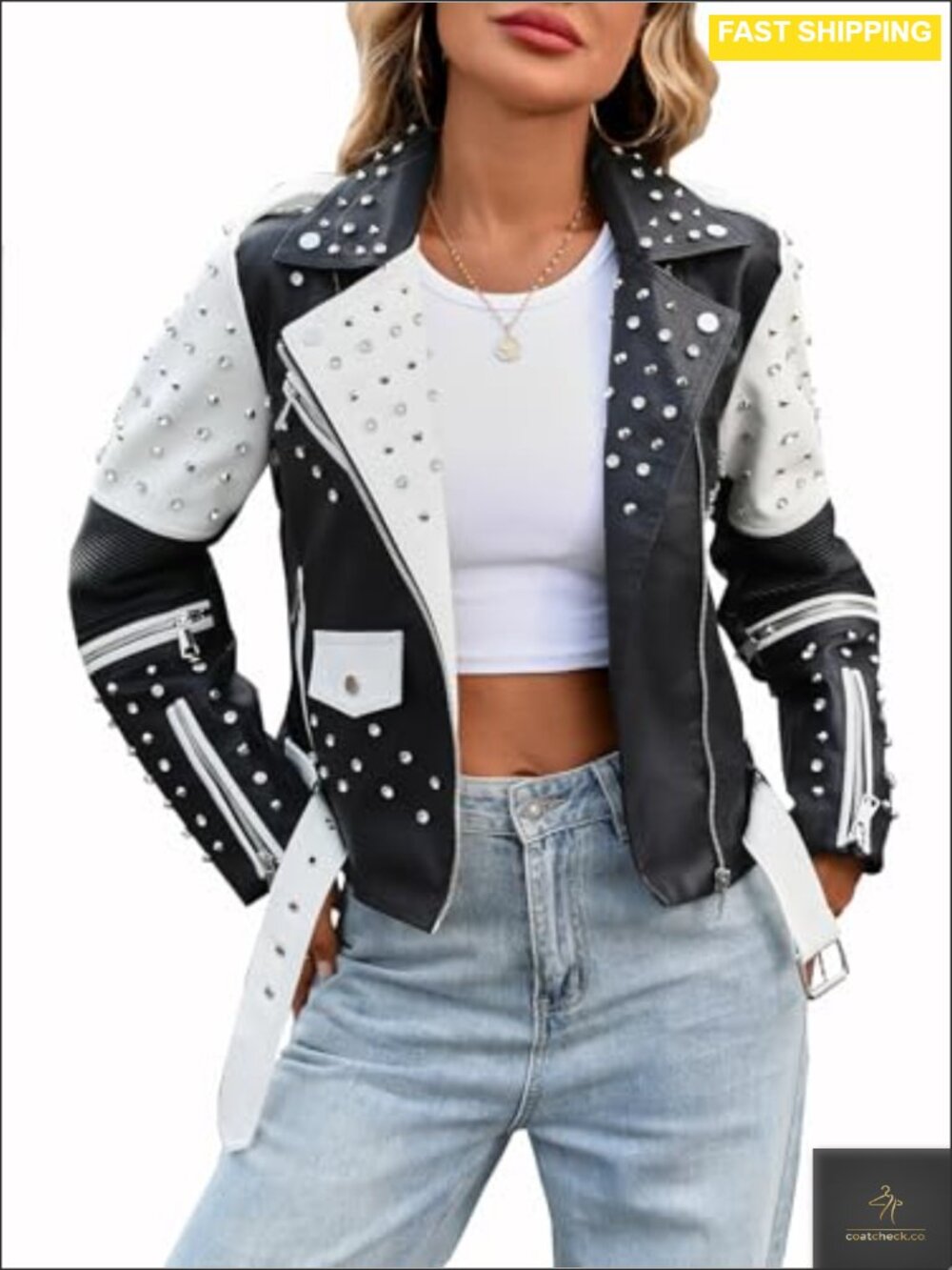 Faux Leather Moto Jacket Studded Rivet Biker Coat Women